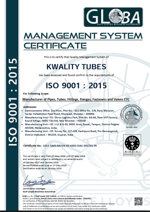 Kwality Tubes Management System Certificate